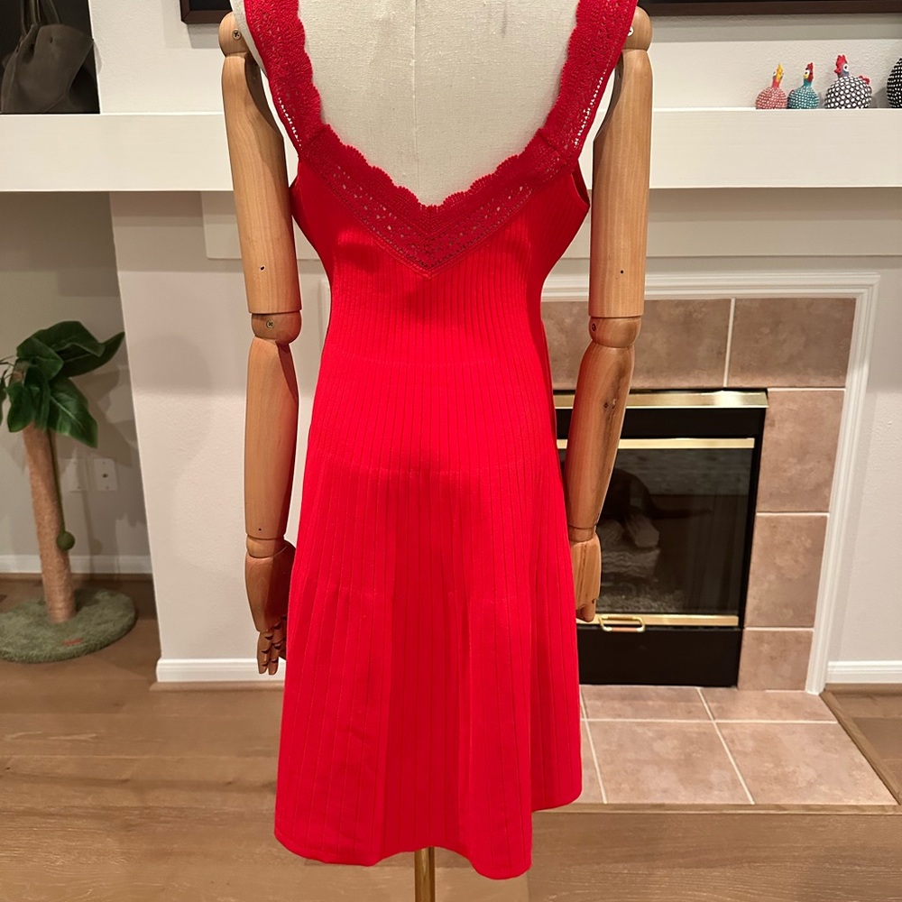 Sezane Bright Red Ribbed Lace-Trim Mini Dress